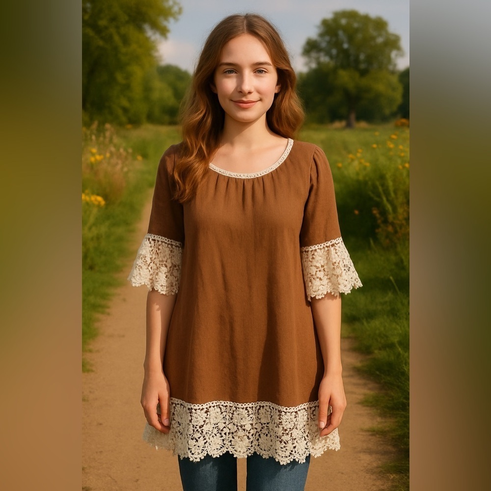 Brown Ivory Lace Trim Detail Peasant Boho Dress |Umgee Boutique EUC M #1591